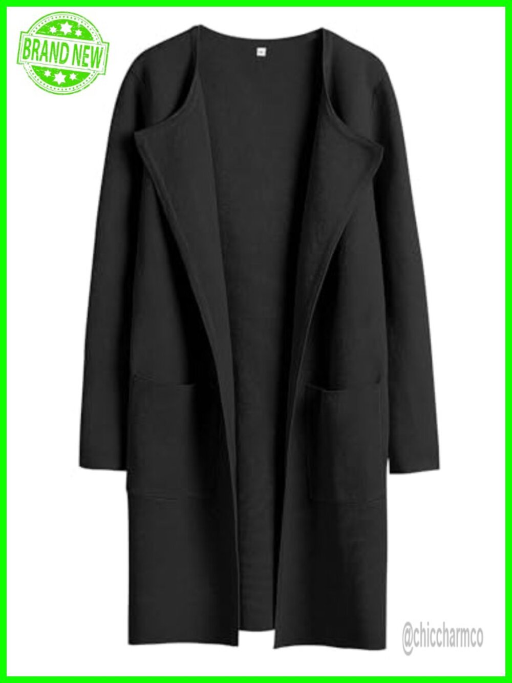 Women's Open Front Mid-Length Cardigan Sweater with Large Lapel & Pockets